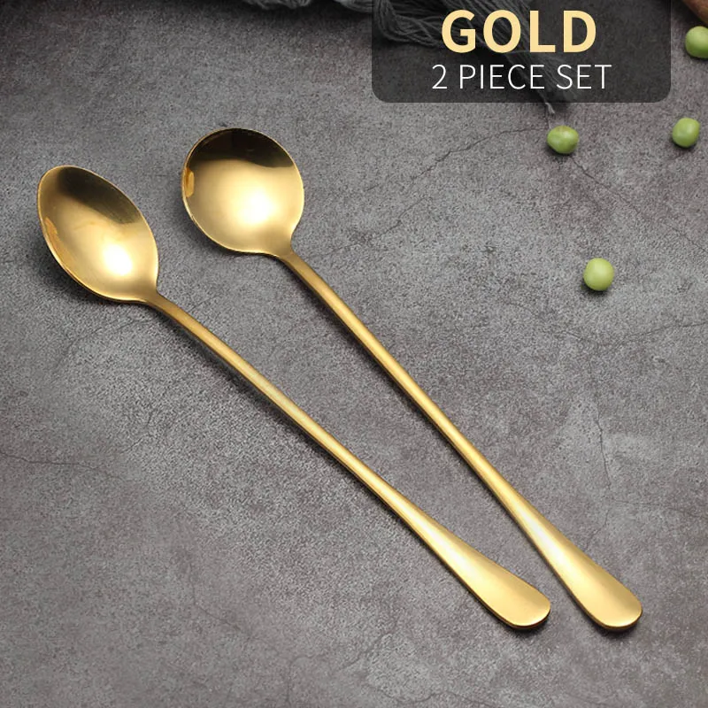 2 Pcs Gold VandHome цветная кофейная ложка из нержавеющей стали с длинной ручкой, десертный набор чайных ложек, кухонные аксессуары для кофе - Цвет: 2 Pcs Gold