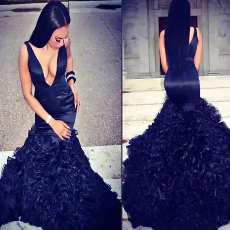 Женское вечернее платье-русалка темно-синее платье до пола из органзы с глубоким