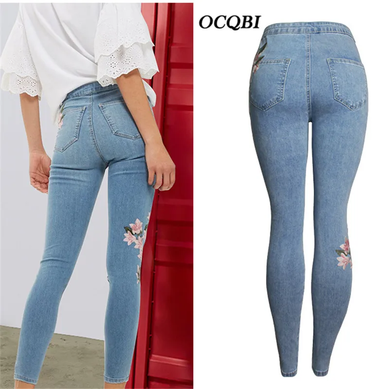 Женские джинсы скинни с цветочной вышивкой в уличном стиле весна 2018 джинсовые
