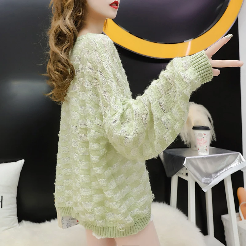 Hollow-out sweater lady New Spring Autumn 2019 Pullover Soft Loose clothes Mohair O-Neck Long sleeves lattice textures pattern | Женская