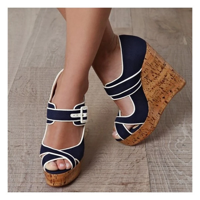 Женские джинсовые босоножки на танкетке FSJ темно-синие туфли-лодочки пробковой