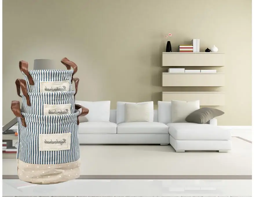 3 шт. Zakka складные корзины для хранения, сумки, корзина Contton, льняная ткань, в полоску, баррель для хранения, корзина для белья, украшение дома, Органайзер