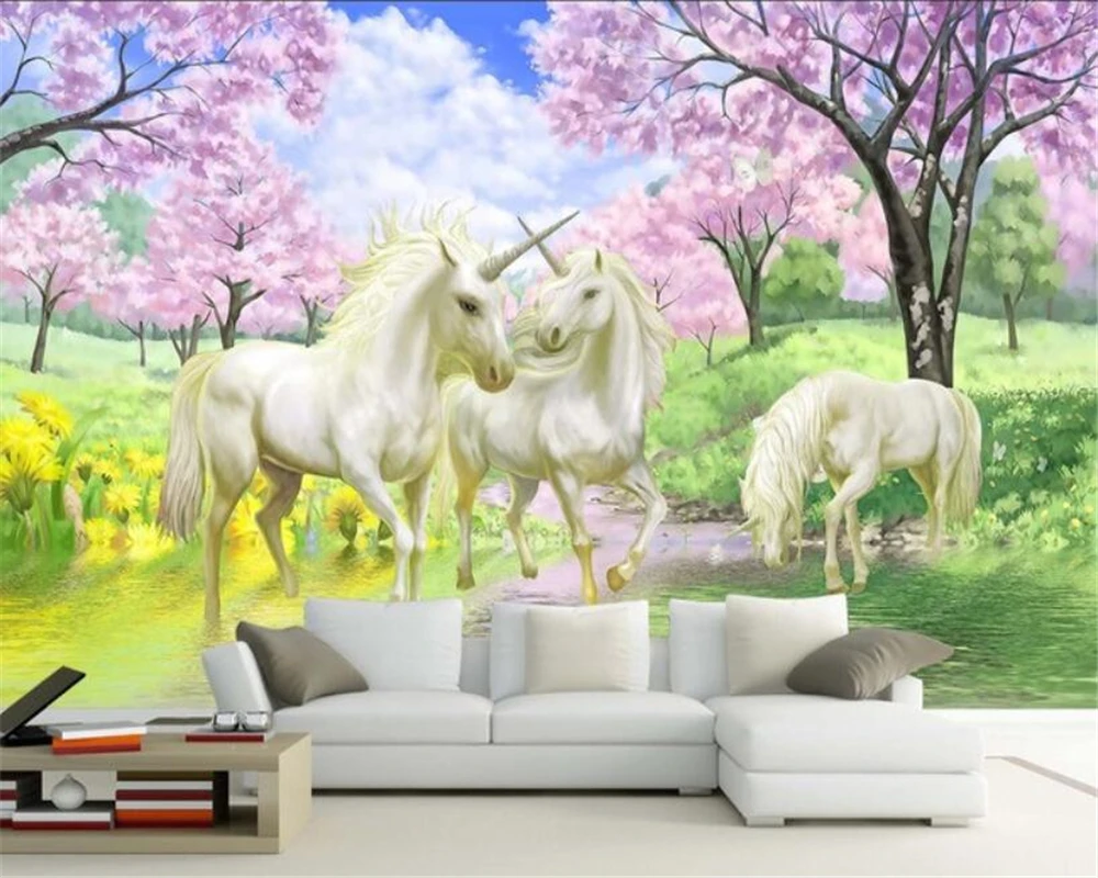

Beibehang Custom 3D Mural Wallpaper Unicorn Dream Cherry Blossom TV Children's room Background papel de parede Wall 3d Wallpaper