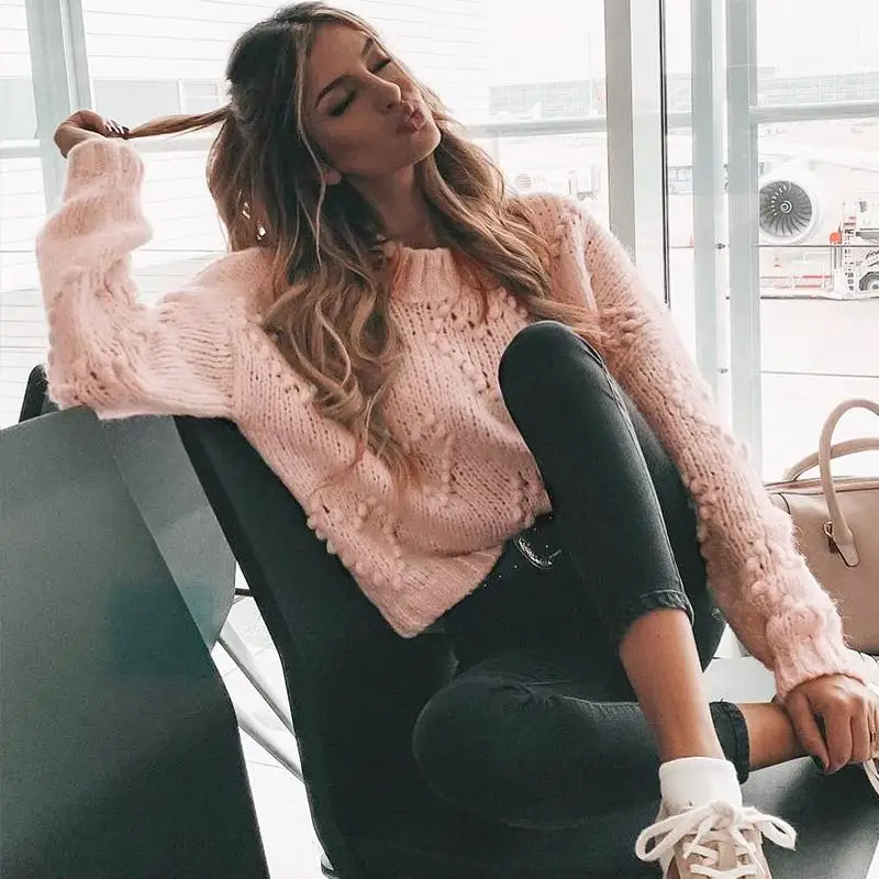 Turmeric elegant Pompon knitted sweater 2019 winter new women lantern sleeve pink pullovers female ladies o neck jumpers mujer | Женская