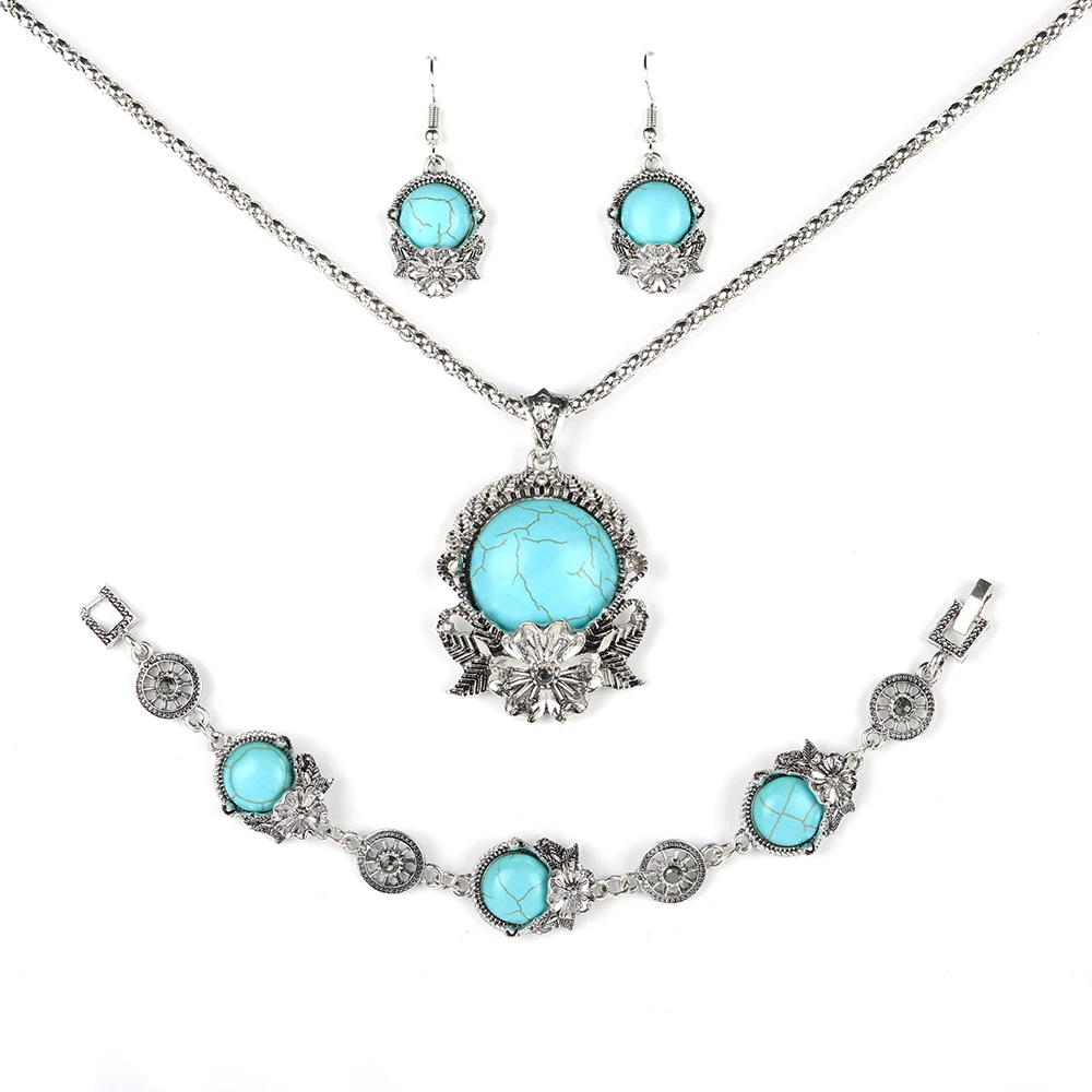 Лист Цветок Круглый Бирюзовый Ювелирные Наборы с Шарм Подвеска Серьги Браслеты