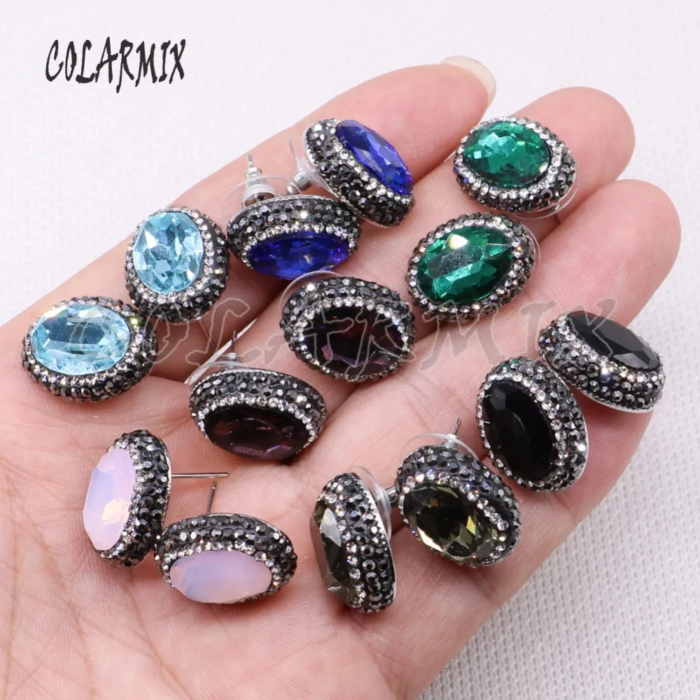 10 пар разных цветов серьги с камнями граненые овальной формы гвоздики оптовая