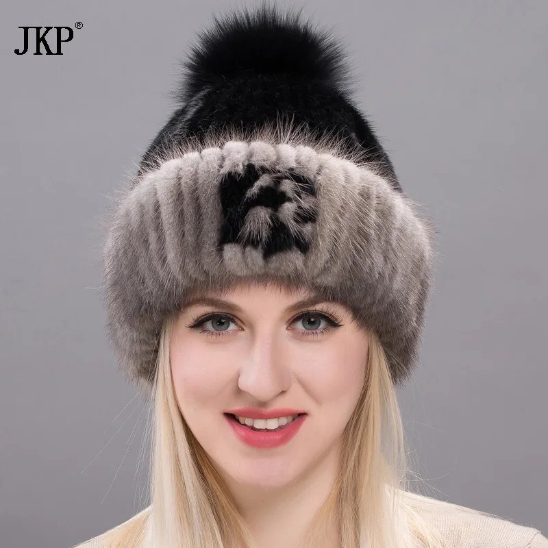 Шапка из натурального меха норки шапка ручной вязки мрамора женская теплая