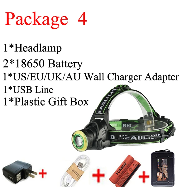 Package 4 Yunmai 10000lm головной свет увеличить USB фары XM-T6 удара свет фар светодио дный Фара фонарик факел использовать 2*18650 Батарея - Испускаемый цвет: Package 4