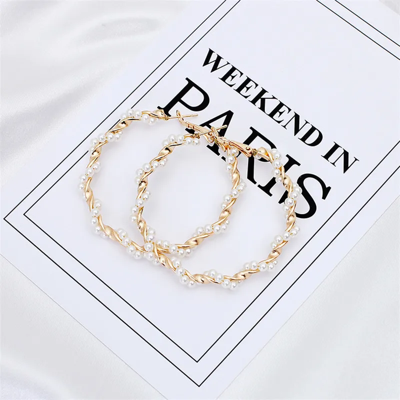 1Pair Hyperbole Big Simulated Pearl Hoop Earring for Women Jewelry Bohemian Statement Punk Round Earrings Fashion E80 | Украшения и