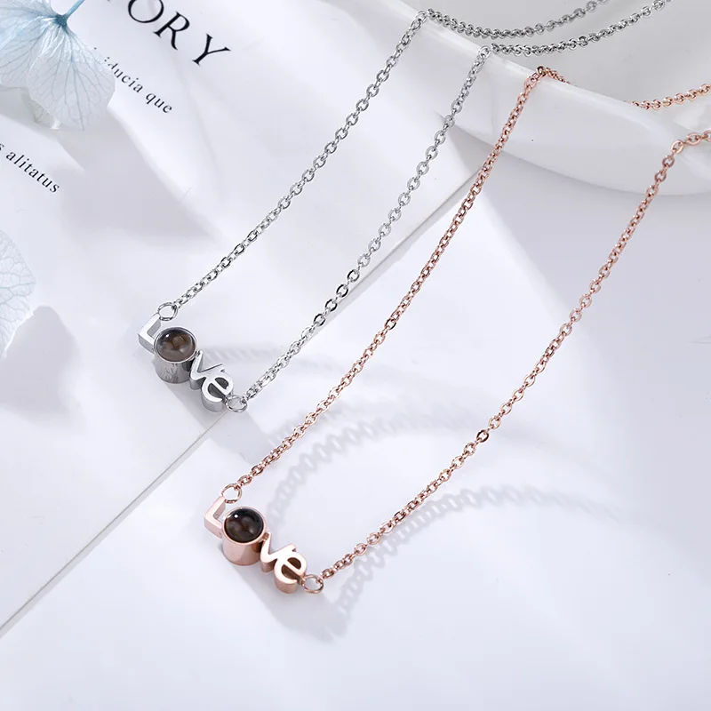 

YUN RUO Rose Gold 100 languages I love you Projection Necklace Love Pendant Titanium Steel Jewelry Woman Birthday Gift Not Fade