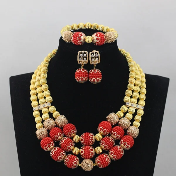 Новая Мода 2017 свадебный набор золотого ожерелья красные шарики из бисера