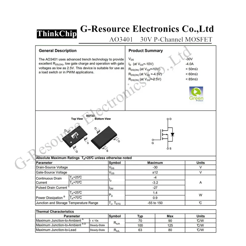 50 шт./лот AO3401 SOT-23 A19T P-Channel-30 V-4A(Ta) 1,4 W(Ta) SMD mosfet транзистор