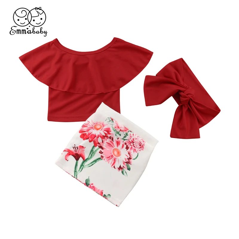 

Summer 2PCS Toddler Kid Baby Girls Clothes Set Red Off Shoulder Tops Floral Skirt Kids Girl Headband Outfit Clothing