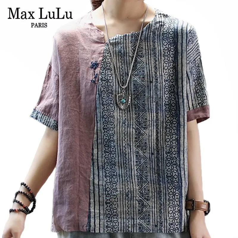 Max LuLu роскошная женская льняная уличная одежда в китайском стиле, женские модные принтованные футболки, повседневные Лоскутные футболки размера плюс