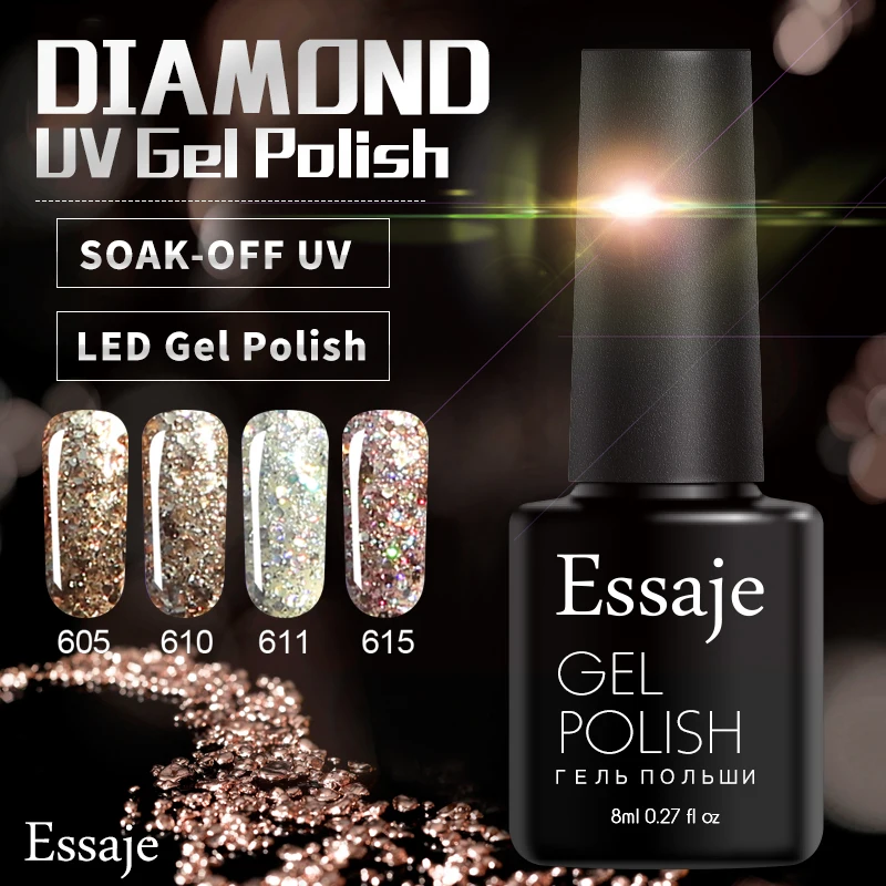Essaje Diamond UV гель лак для ногтей Платиновый блеск 3D Глянцевая Золотая яркий Лаки