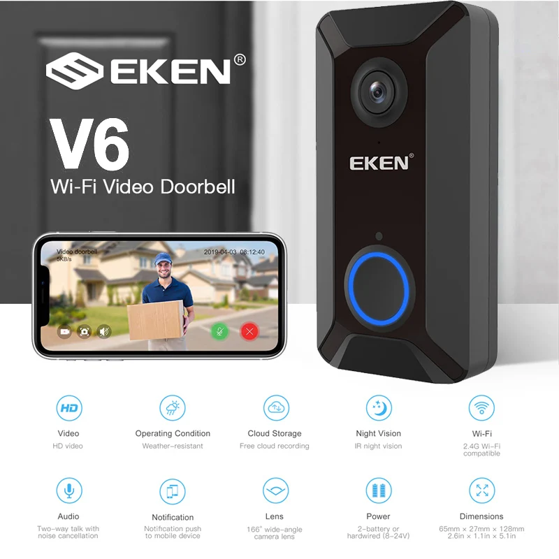 Eken V6 черный беспроводной облачный накопитель Домашняя безопасность домофон дверной звонок 720P ночное видение ИК Обнаружение движения Сигнализация Дверной Звонок