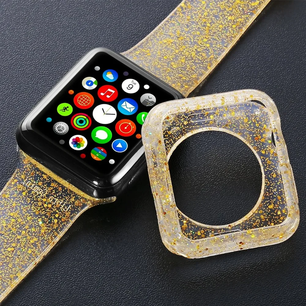 Силиконовый ремешок для Apple Watch Band с корпусом iWatch водонепроницаемый ремень Блестящий женский браслет 38 мм 42 мм 40 мм 44 мм серия 4 3 2 1