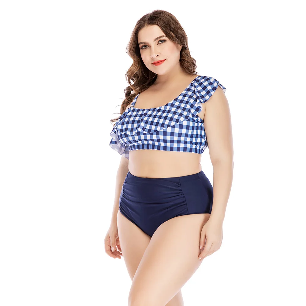2019 Новые Купальники больших размеров комплект синий клетчатый купальный костюм