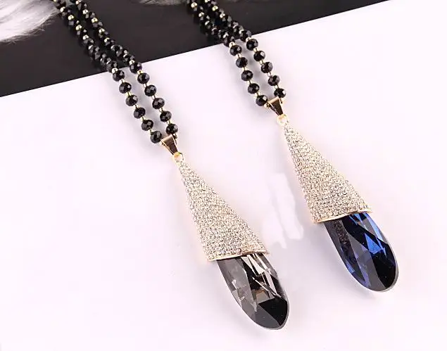 Женская цепочка с бусинами длинное ожерелье кристаллами в форме капли воды