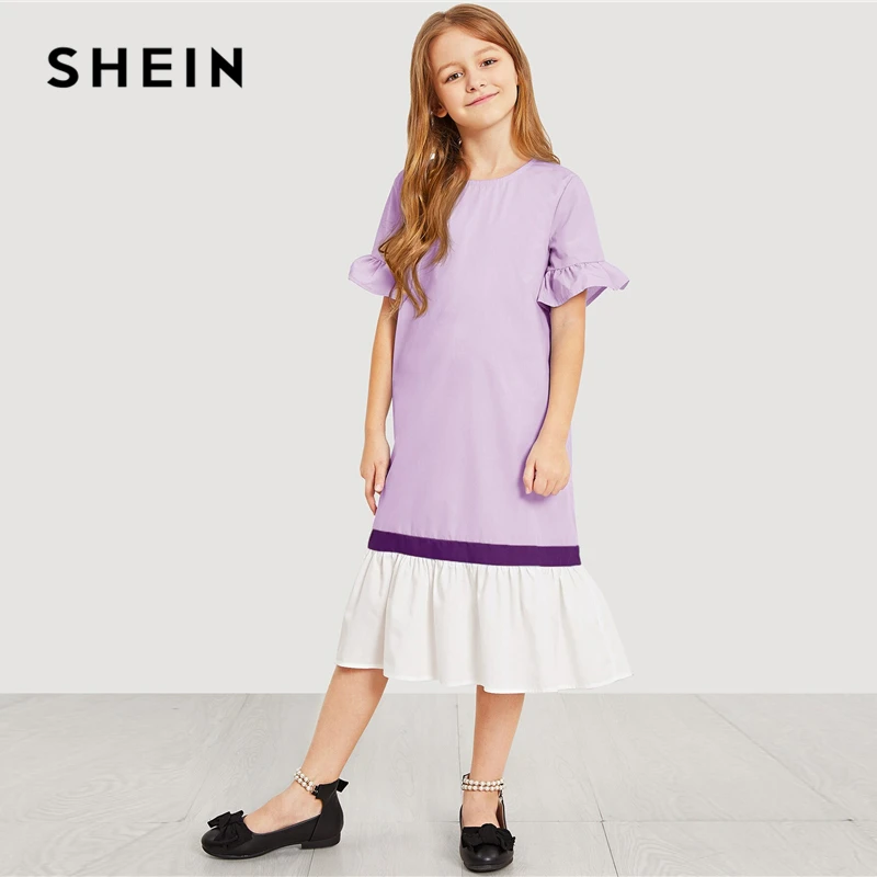 SHEIN детский вырез на спине, вставками и гофрированное, с пуговицами, туника, для девочки-подростка вечерние миди платье Лето Цельнокройное повседневные платья для девочек