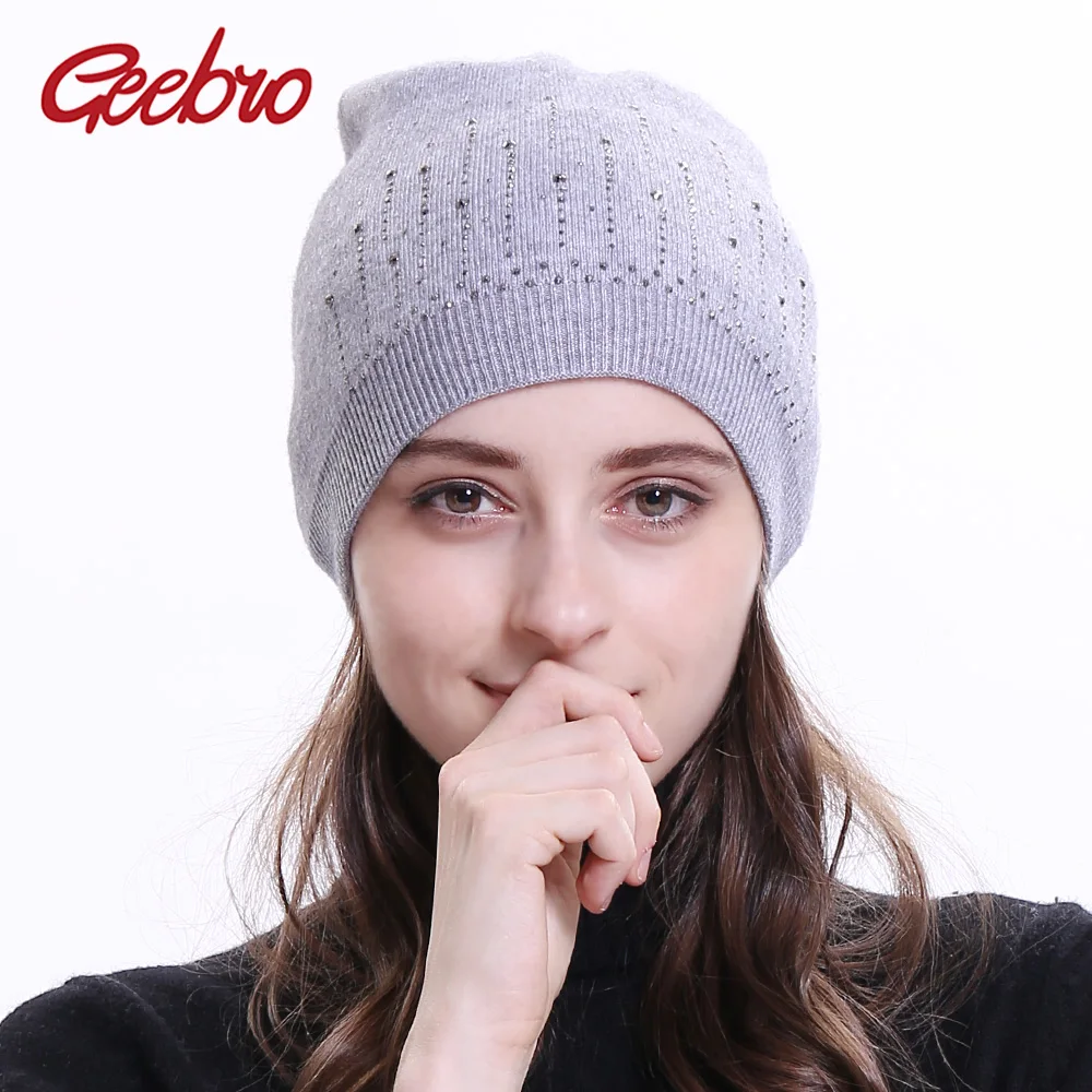Geebro Женская кашемировая шапка со стразами зимняя повседневная Вязаная