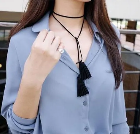 

Black Necklaces Colares Preto Korean Fashion Unique Imitation Suede Leather Fabric Tassel Necklace Women Femme Collier Ethnique