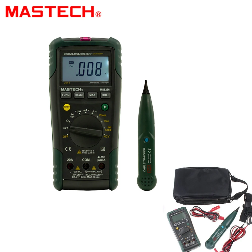 

MASTECH MS8236 Auto Range Digital Multimeter LAN Tester Net Cable Tracker Tone Telephone line Check Noncontact Voltage Detect