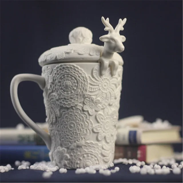 Рождество Кружки Милу олень Кофе чашки 3D животного Чашки с крышкой милый молоко Чашки снег Керамика чашку завтрак подарки на Рождество - Цвет: Lace Style