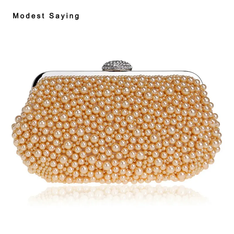 

Vintage Champagne Pearls Wedding Party Handbags 2022 Formal Women Square Clutch Bags Prom Evening Purse Wedding Accessories