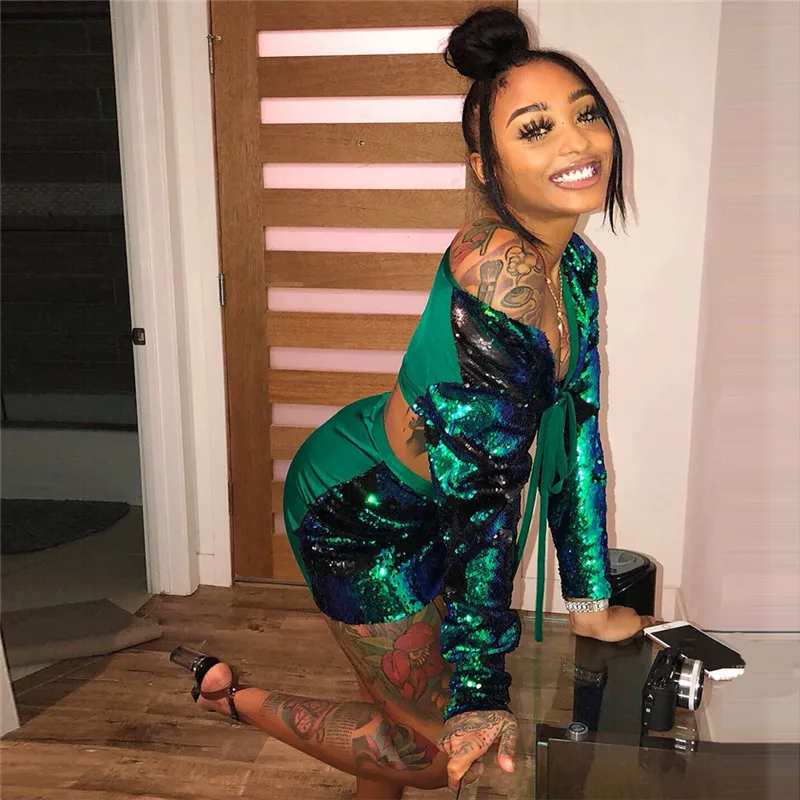 Блестящий зеленый топ с блестками и длинным рукавом облегающее мини платье