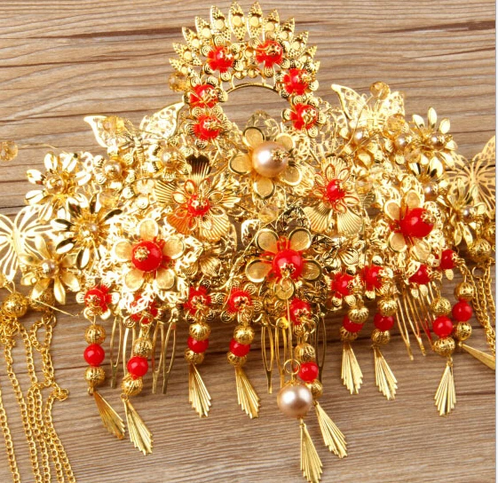 Роскошный китайский винтажный свадебный головной убор с золотыми бабочками бусы