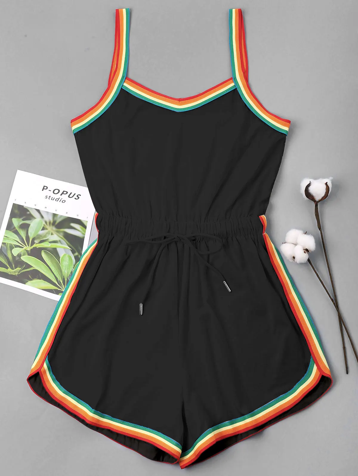 ZAFUL Радужная Отделка Drawstring Ками Romper Без Рукавов Тонкий Ремень Женщины Этнические Костюмы для Игр Уличная Одежда Повседневная Спортивная Одежда - Цвет: Black