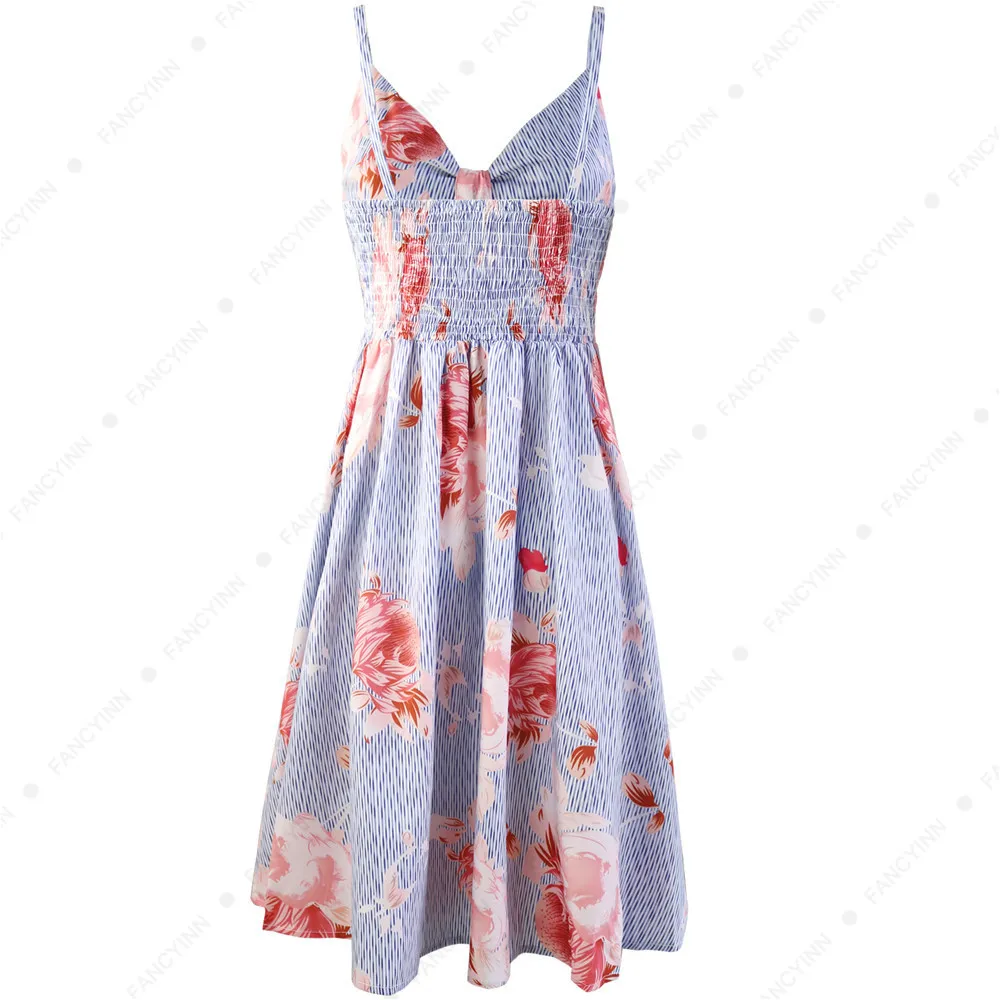 Summer Dress 2018 Women Sexy Deep V-Neck Red Flower Print Dresses Hem Folds Bohemian Style Bow Backless Beach |