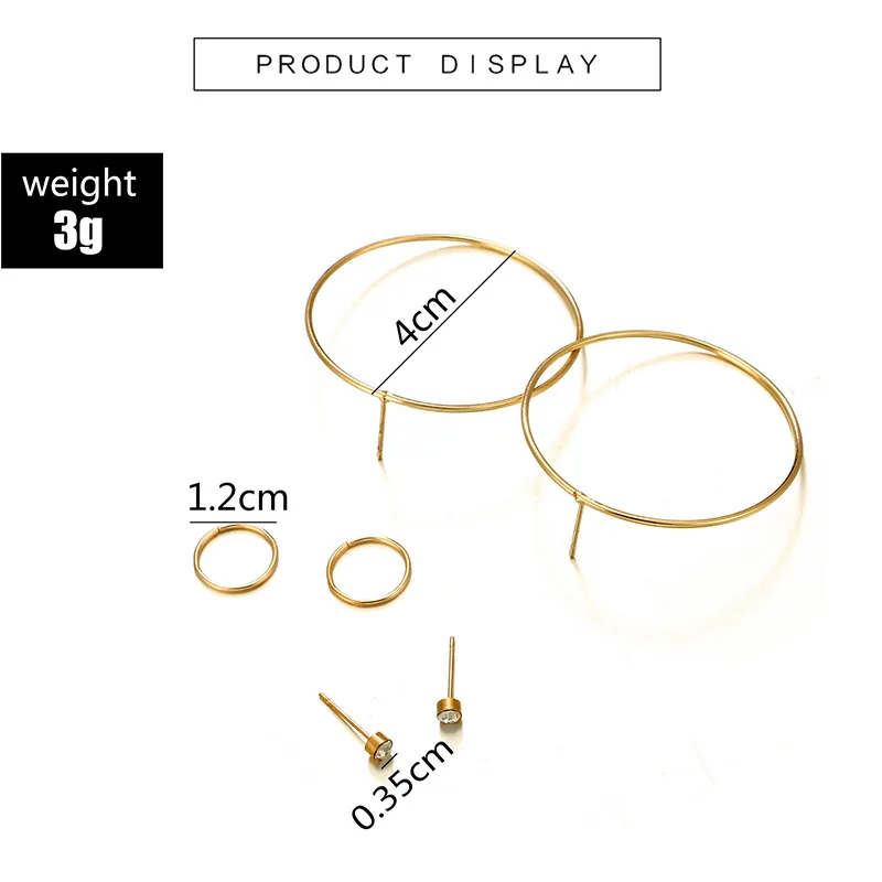 Punk Gold Color Round Stud Earring Set for Women Metal Circle Tiny Crystal Ear Cuff Pendientes | Украшения и аксессуары