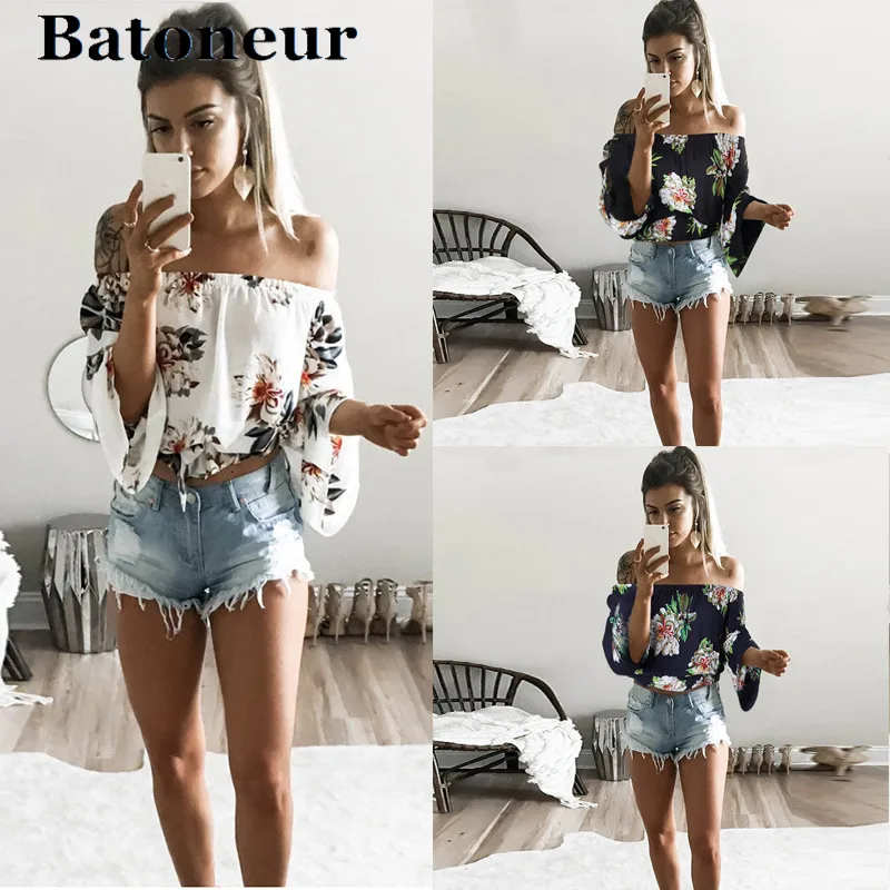 2018 сексуальная летняя шифоновая блузка с вырезом лодочкой и принтом женская
