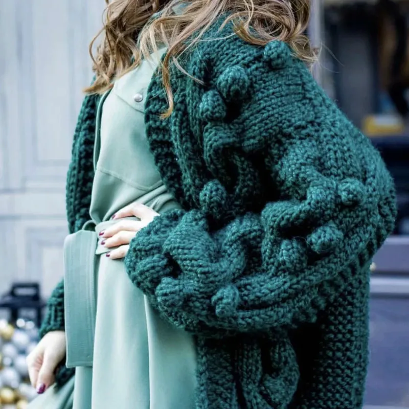 

Lazy Casual Hand Knitted 3D Balls Decor Sweaters Loose Flowers Crocheted Cardigan Hand-woven Jacket Twist Coat OL Tops