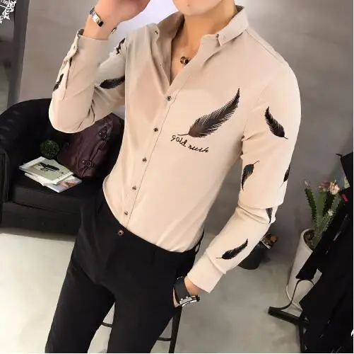 CH. KWOK Camisa Social Slim Fit повседневные черные рубашки наряды Клубные розовые рубашки мужские облегающие белые рубашки перо корейский модный - Цвет: 3