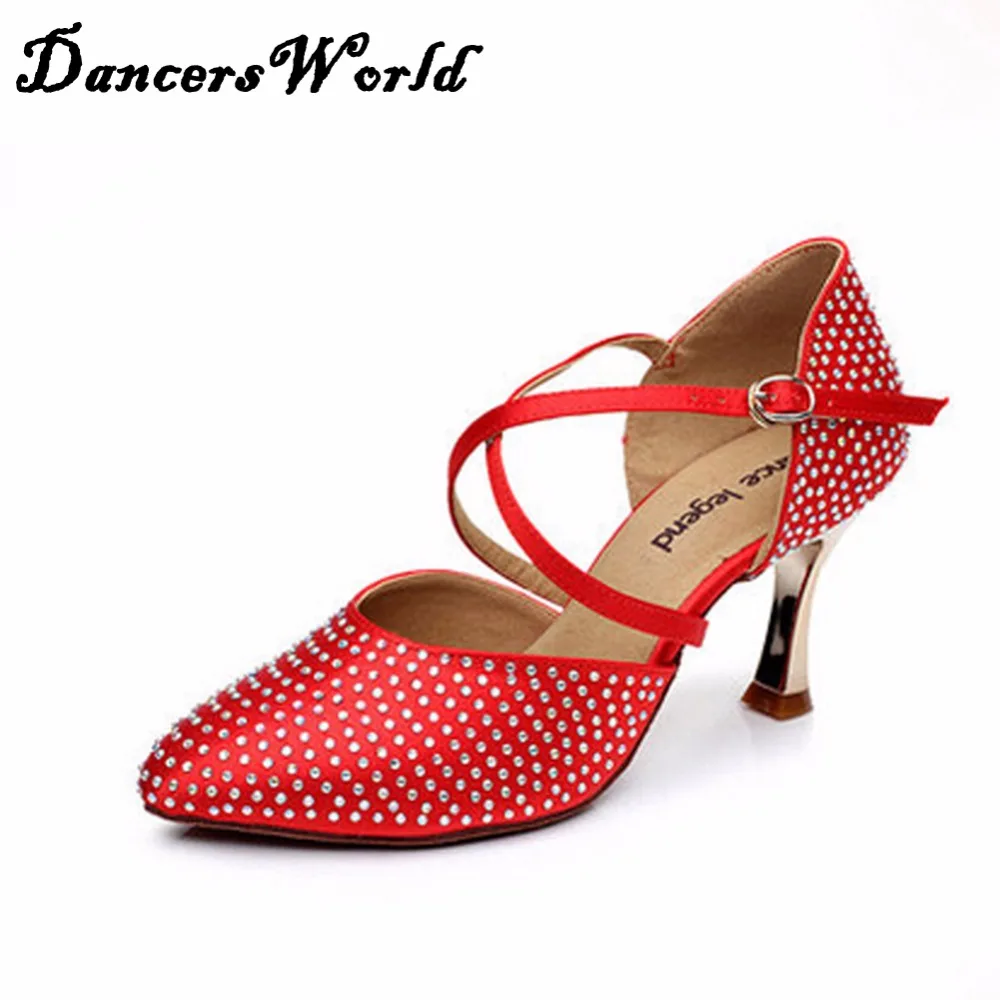 Дамы Туфли для латинских танцев 7 см каблуке со стразами мягкая подошва Атлас