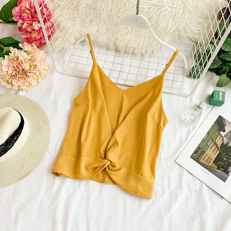 Женская мода узел дизайн ремень укороченные топы v-образным вырезом без рукавов