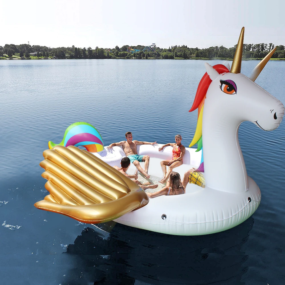 

6 Person Giant Inflatable Gold Unicorn Water Pool Floats White Pegasus Float Swimming Sunbath Air Mattress Bed Beach Water Toys
