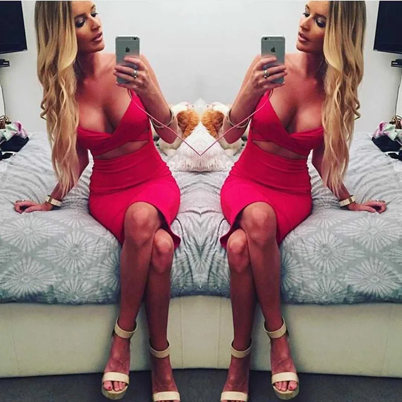 Diwish Bodycon Dress Women 2019 Spaghetti Strap Midi V-Neck Sexy Cut Out White Black Party Dresses Evening Clubwear | Женская одежда