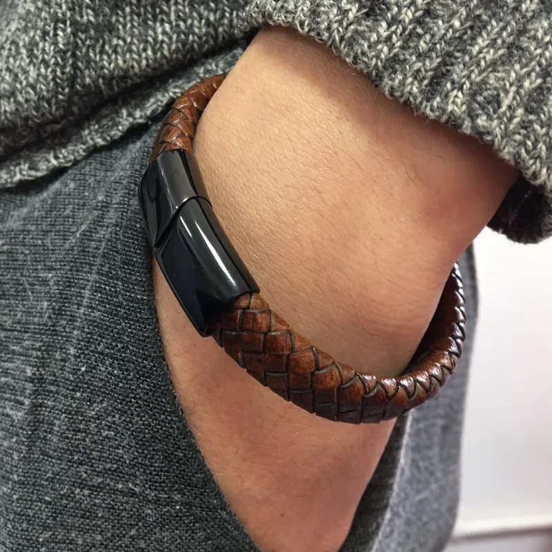 Мужской винтажный браслет кожаный плетеный с магнитной застежкой EE19 22