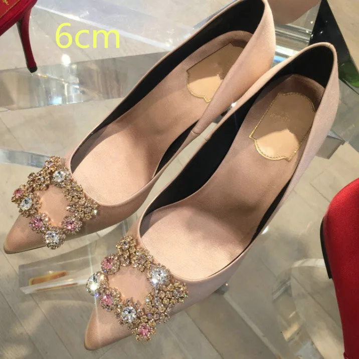 Champagne- 6 cm Г.,, женские атласные туфли-лодочки с острым носком, украшенные цветами и кристаллами, с пряжкой, женские вечерние туфли на высоком каблуке для свадьбы - Цвет: Champagne- 6 cm