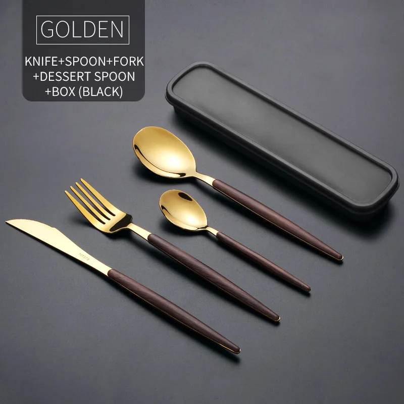 Gold 4 Pcs And Box VandHome западный золотой набор столовых приборов 304 нержавеющая сталь столовая посуда с пластиковой ручкой портативный для ужина путешествия набор посуды - Цвет: Gold 4 Pcs And Box