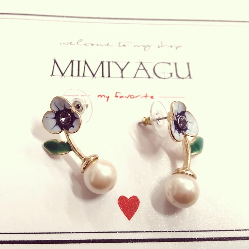 Корейские женские серьги-гвоздики с жемчугом и цветком