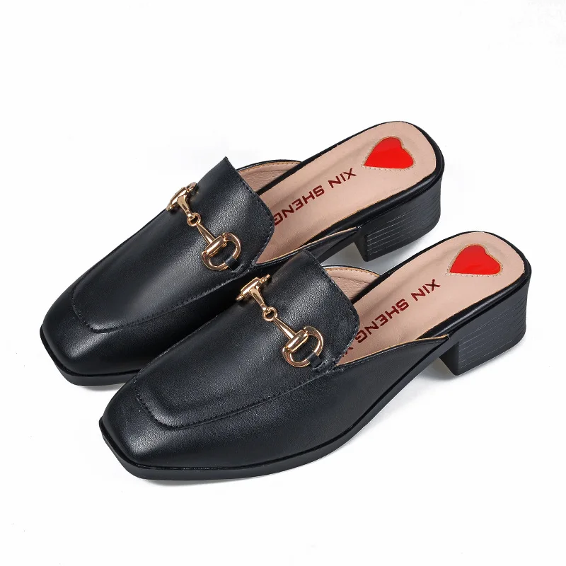 Summer Fashion Genuine Leather Mules Block Heels Shoes Woman Slipper Modis Black Casual Shoes Women Ladies Sliders Female
