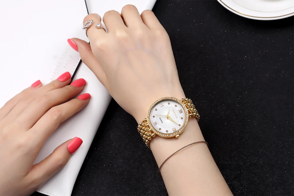 Полный Золота Нержавеющей Стали Женщины Часы Мода Водонепроницаемый Дамы