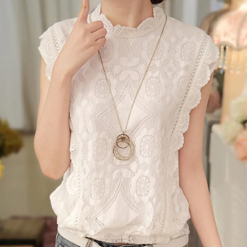 Блузка женская летняя белая кружевная без рукавов | Женская одежда