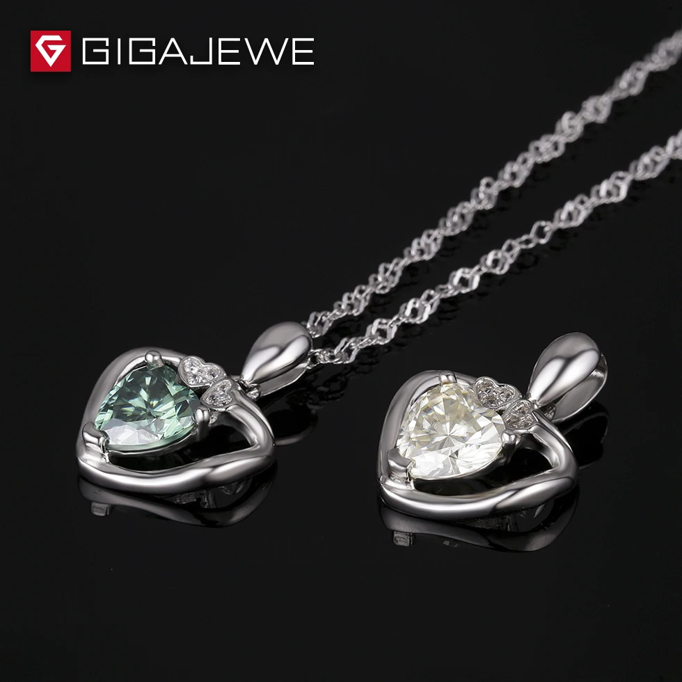 GIGAJEWE 1.3ct желтоватый и зеленый цвет в форме сердца подлинный муассанитовый кулон ожерелье доступно в серебряной нити
