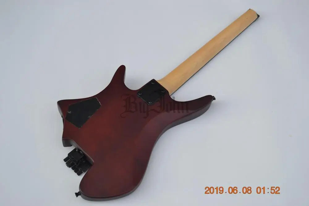 Online Neue Kopflose Elektrische Gitarre, Matte Orange Flamme Maple Top Mahagoni Körper & Palisander Griffbrett BJ-194